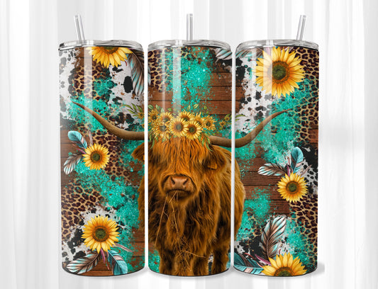 Highland Cow with Sunflowers
