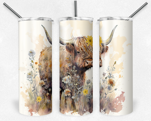 Highland Cow with Flowers in Watercolor